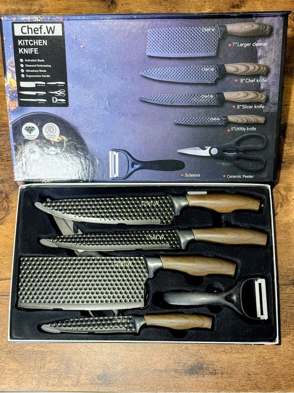 Black 6-Piece Textured Kitchen Knife Set with Peeler & Scissors New Without Tags